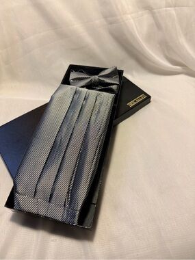 Men's Silver Striped Cummerbund and Bow Tie Set